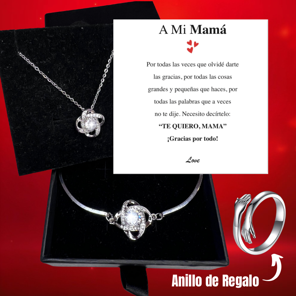 Caja: Collar trébol® + Pulsera trébol plata + Dedicatoria a Mamá +(Anillo de regalo GRATIS)