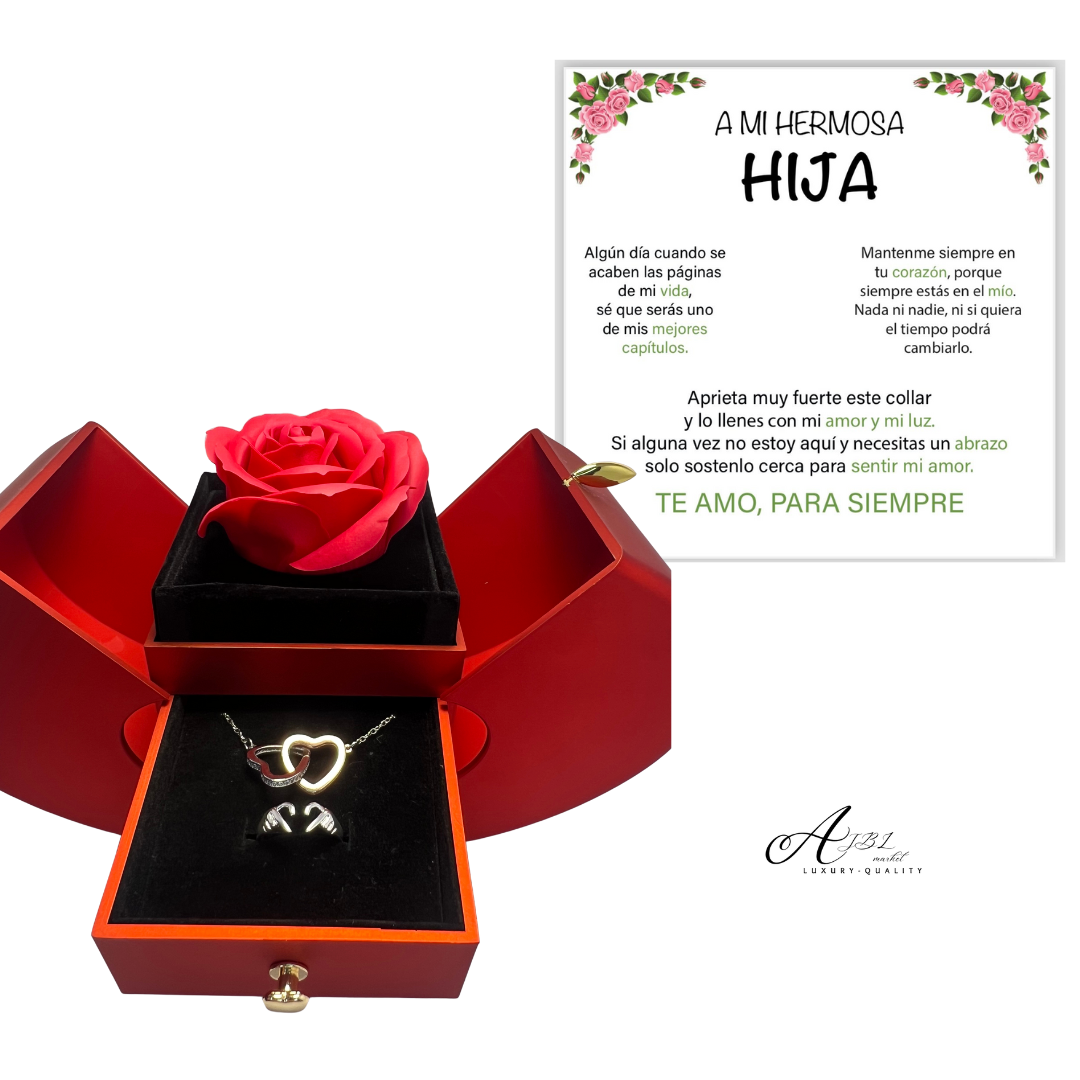 Rosa eterna y Collar Doble Lazo Corazón Luxury + Dedicatoria PARA TU HIJA + (Anillo de regalo)