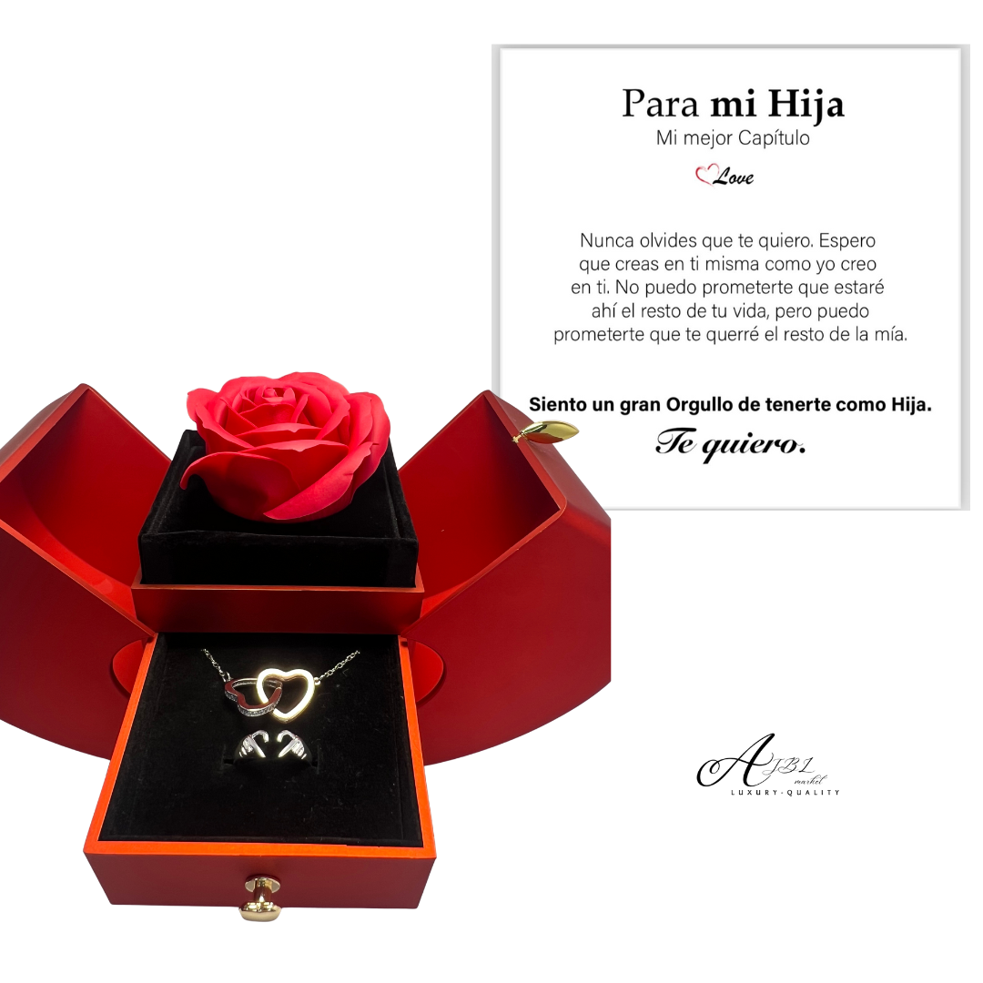 Eternal Rose and Luxury Double Heart Bow Necklace + Dedication FOR YOUR DAUGHTER + (Gift Ring)