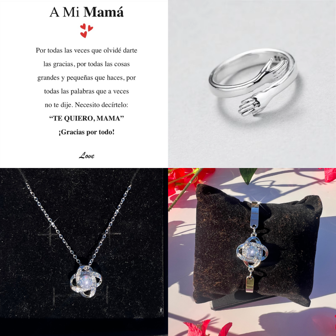 Caja: Collar trébol® + Pulsera trébol plata + Dedicatoria a Mamá +(Anillo de regalo GRATIS)