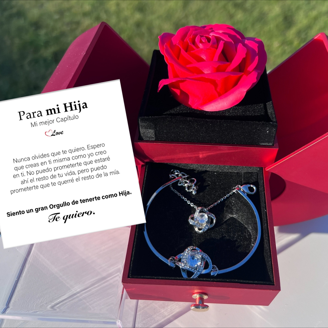 🌹Rosa Eterna + Collar + Pulsera Trébol Plata + Dedicatoria GRATIS -PARA MI HIJA