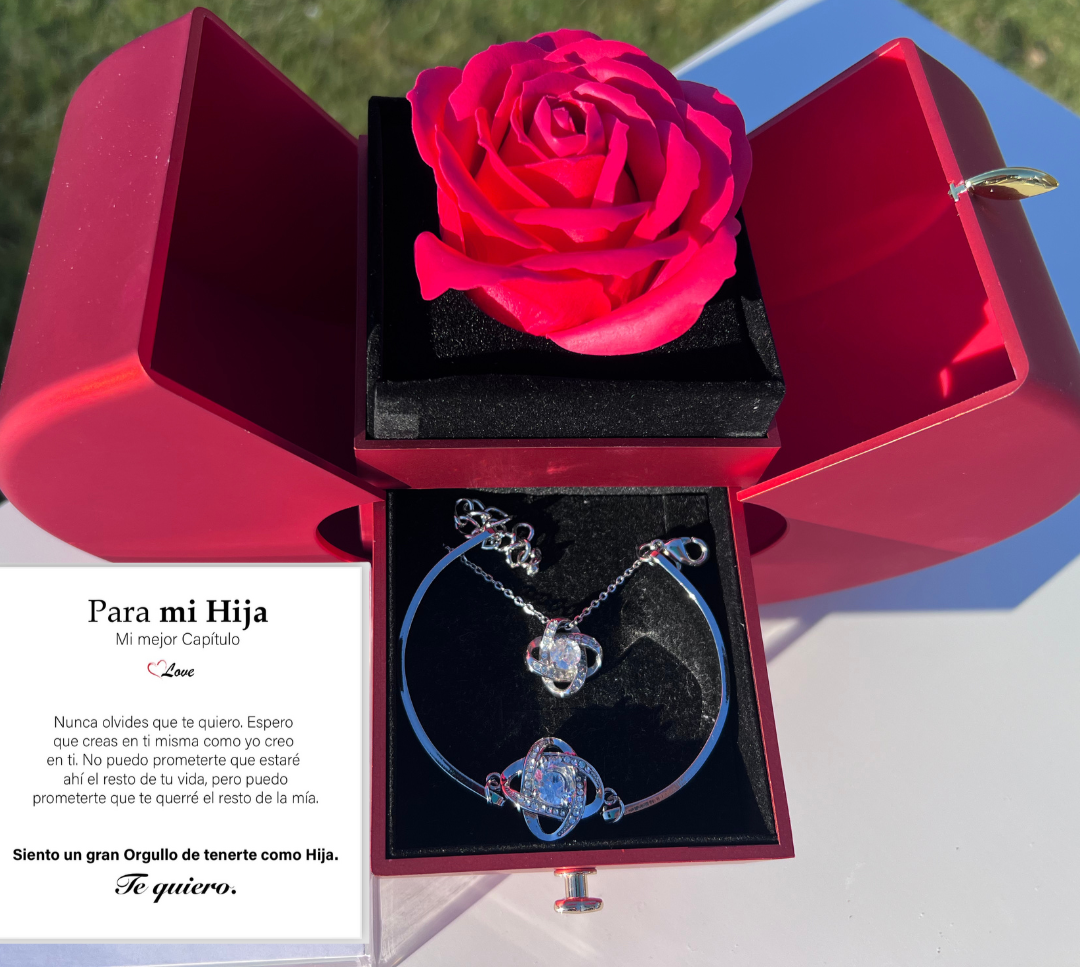 🌹Rosa Eterna + Collar + Pulsera Trébol Plata + Dedicatoria GRATIS -PARA MI HIJA