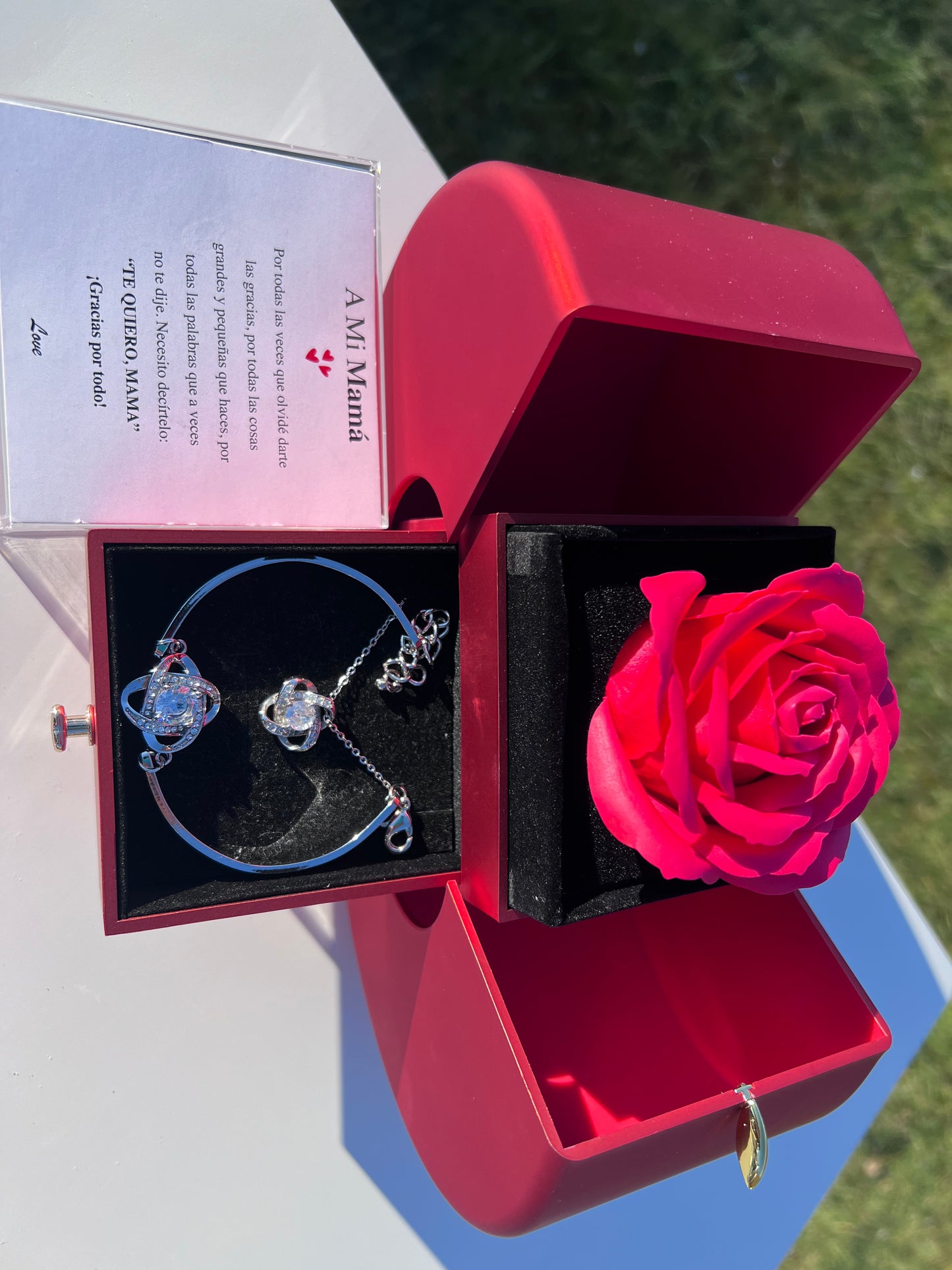 🌹Rosa Eterna + Collar + Pulsera Trébol Plata + Dedicatoria GRATIS -PARA MI HIJA