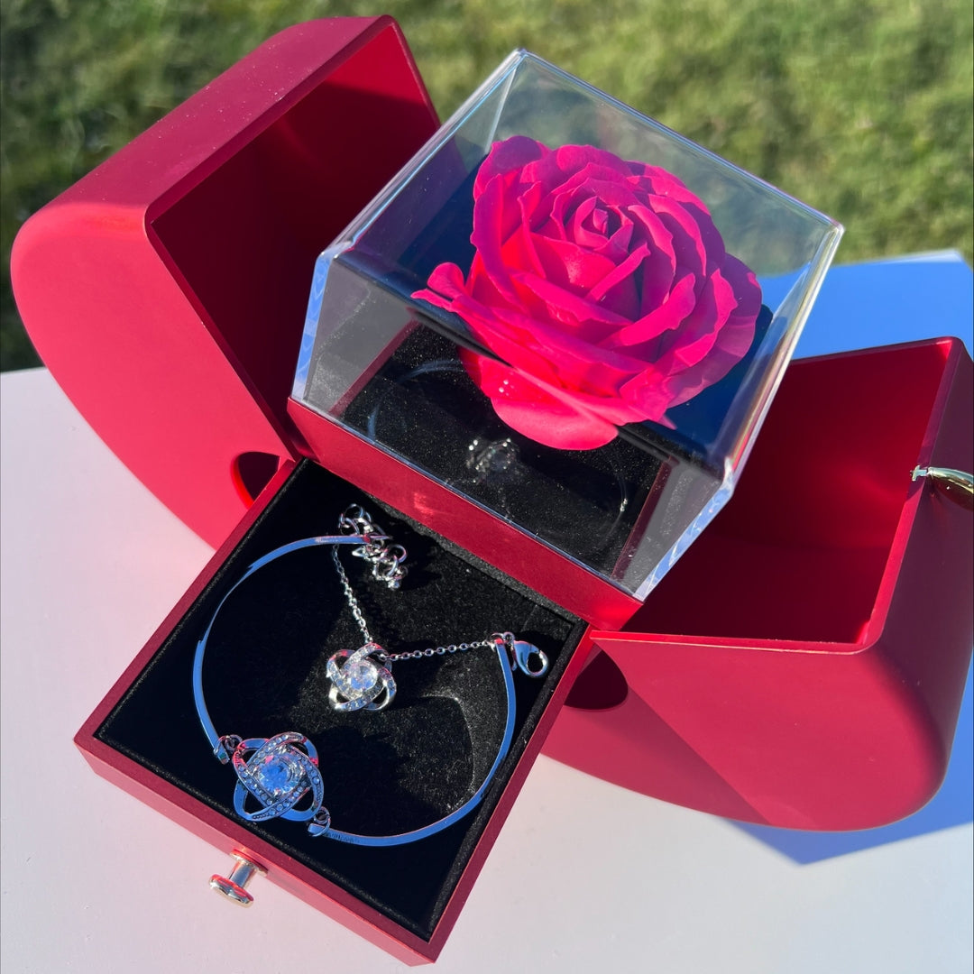 🌹Rosa Eterna + Collar + Pulsera Trébol Plata + Dedicatoria GRATIS -PARA MI HIJA